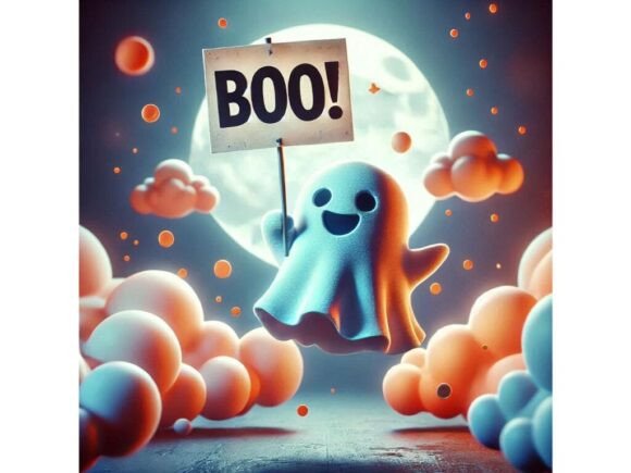 Strategic Use of a 3D Ghost Holding a Cute “Boo” Sign for Creative and Commercial Projects